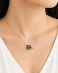 Emerald and Diamond Double Flower Necklace 18k