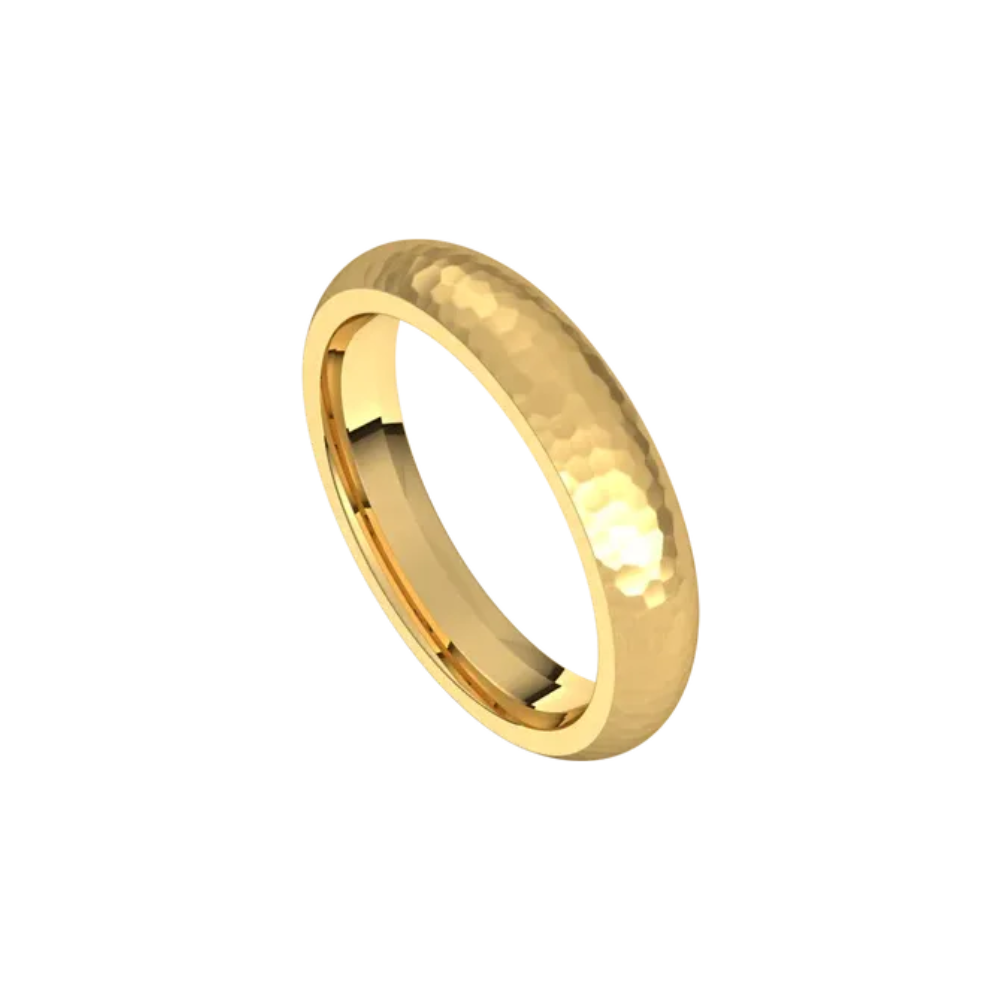 mens comfort fit half round ring satin hammer finish 4mm yellow gold