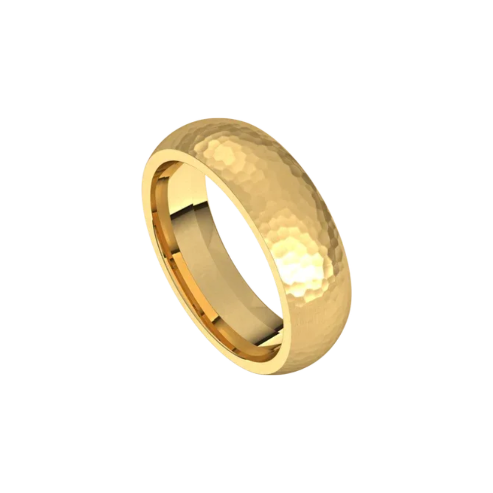 mens comfort fit half round ring satin hammer finish 6mm yellow gold