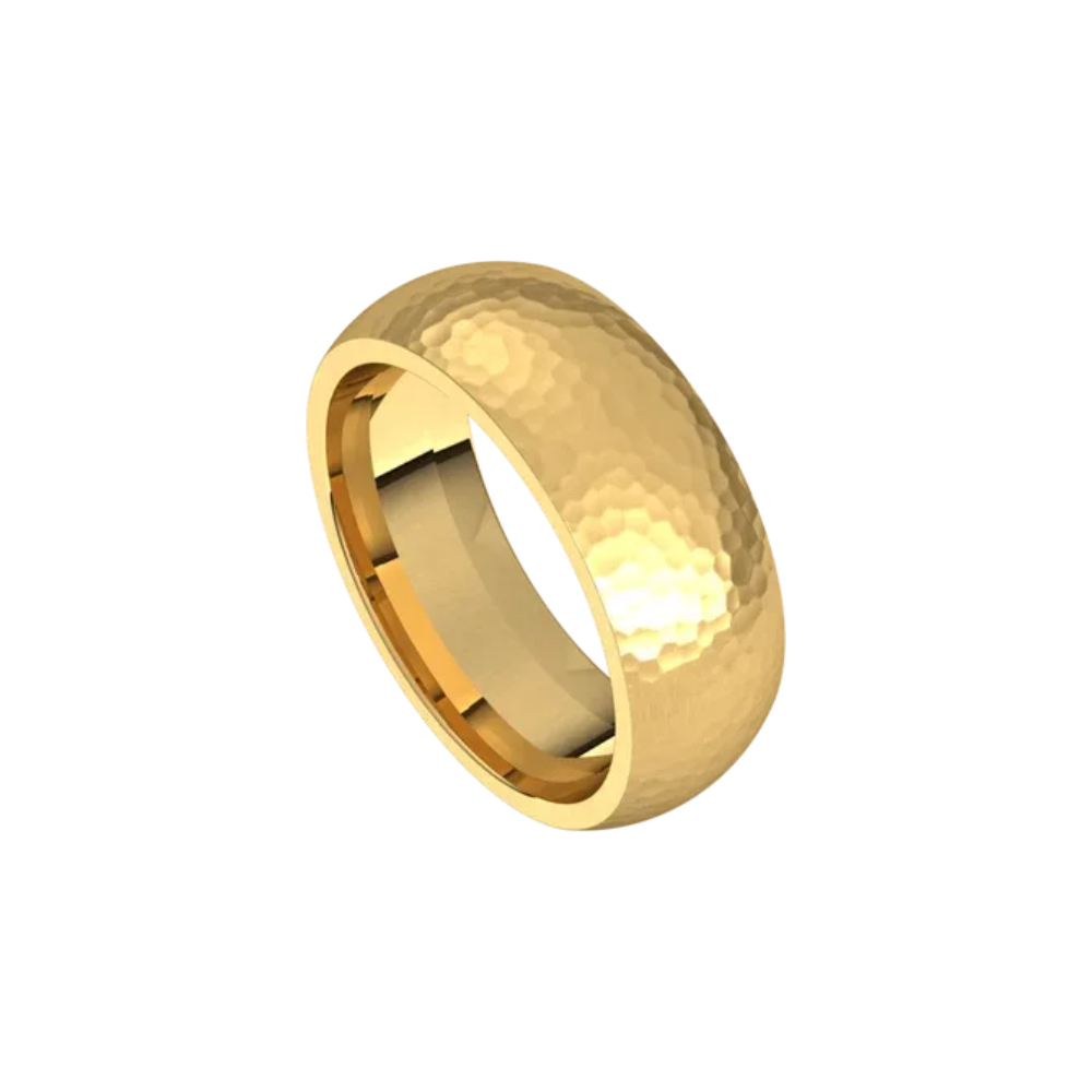 mens comfort fit half round ring satin hammer finish 7mm yellow gold